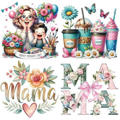 4 Pcs Mother Day Iron On Patches for Clothing Pink Mom Iron on Transfers Mama Flower Iron on Letters Patches for Clothes T-Shirts Jeans Jackets Bags DIY Heat Transfer Decals (1.Mama) - color: 1.Mama