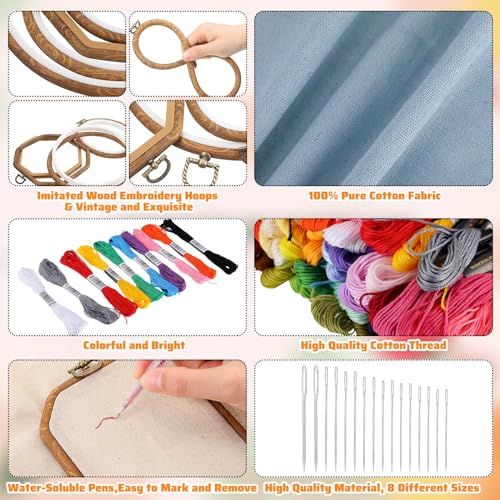 Hotop 138 Pcs Embroidery Kit 9 Hoop 100 Thread 5 Fabric 16 Needles