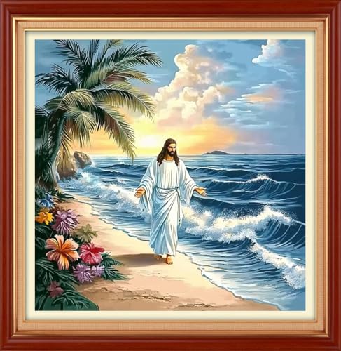 Foxhool Stamped Cross Stitch Kits,11CT Printed Cross Stitch Pattern Full Embroidery Kits for Beginner Needlepoint Kits&Jesus by the Sea 18x18 inch - color: ColorSet07
