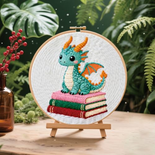BEUNITONE 2PCS Punch Needle Kits with Dragon Book Pre-print Pattern Easy for Beginners, DIY Craft Embroidery Needlepoint Kits for Adults with Hoop Punch Needle Set for Craft Lovers Home Decor 7.9x7.9" - color: 10-Dragon Book