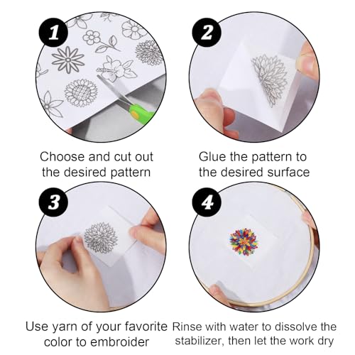 RAHHLIZS 50 PCS Water Soluble Embroidery Patterns, Stick and Stitch Embroidery Paper Wash Away, Pre-Printed Floral Transfer Paper Stabilizers for Hand Sewing Beginners Adults