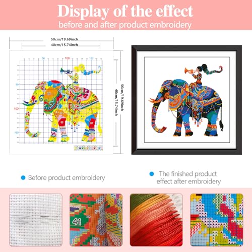 Zhenqing Elephant and Girl Stamped Cross Stitch Kit for Beginners, 11CT Printed Full Coverage Boho Elephant with Horn Player Pattern, 50 x 50 cm DIY Animal Embroidery Needlework Set, No Hoop Needed - color: Boho Elephant Melody