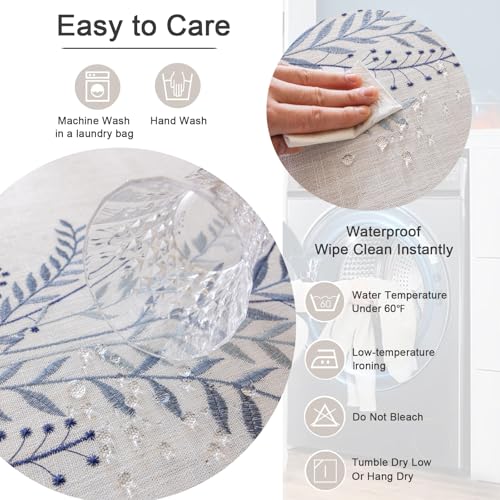 Joyfol Day Rustic Waterproof Linen Tablecloth, Heavy Weight Fern Embroidery Table Cloths for Rectangle Tables, Farmhouse Spill-Proof Table Covers with Tassels, Blue 55''x 70'' - color: Blue Fern, size: 70" x 55" (Rectangular)