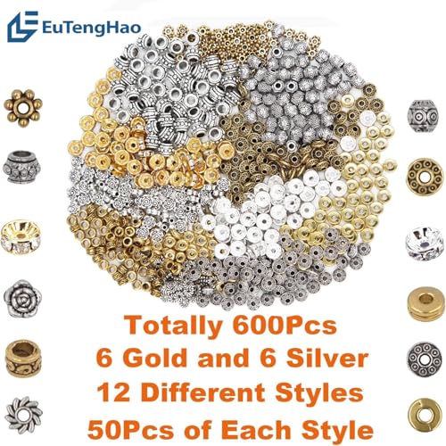 EuTengHao 600pcs Spacer Beads Jewelry Bead Charm Spacers Alloy Spacer Beads for Jewelry Making DIY Bracelets Necklace and Crafting (12 Styles,Silver and Gold)