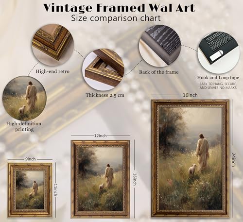 Vintage Gold Framed Jesus Leaves the 99 Sheep Canvas Wall Art Christian Wall Decor Picture Jesus and Lamb Painting The Lost Sheep Posters Prints for Room Bedroom Church Prayer Home Decor - color: Gold, size: 16"L x 12"W