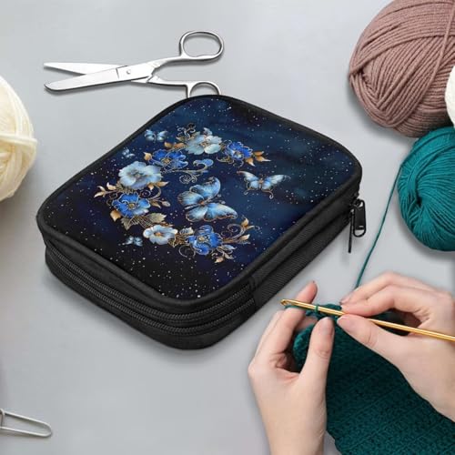 Kathyboom Butterfly and Flower Empty Crochet Hook Case Crochet Hook Organizer with Slots Crochet Needles Bag for Crochet Lovers, Crochet Kit for Beginners-Blue - color: Butterfly And Flower Blue