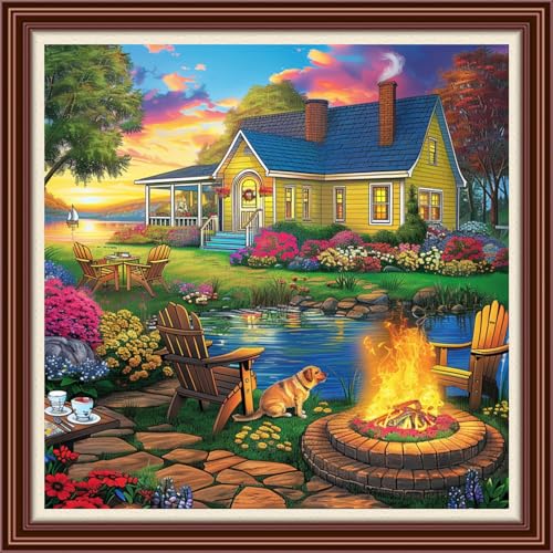 Dimensean Counted Cross Stitch Kit for Beginners, 11CT Unprinted Cross-Stitch Kit Easy Patterns Needlepoint Kit Cross Stitching Embroidery Kit Supplies-Sunset Home Scenery 18x18 inch - color: DIYColor17