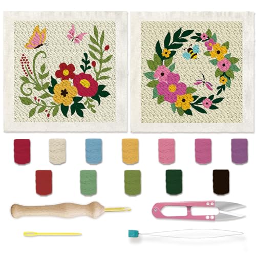 BEUNITONE 2 Sets Flower Punch Needle Kits Butterfly Beginner Punch Embroidery Kits with Frame Embroidery Starter Kits Punch Stitching Kit with Instruction for Wall Hanging Painting 9.4'' x 9.4'' - color: 07-Garland