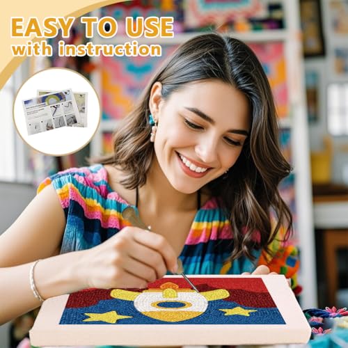 Doodlream Cartoon Rocket Needle Kit for Beginner, 9.4"x 9.4" Space Flame Punch Stitching Craft Set, Color DIY Embroidery Starter with Printed Frame, Instruction, Threader, Yarn, Pinch Needle - color: Rocket