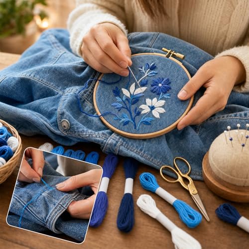 32 Pcs Sashiko Thread Kit, 12 Strands Blue Sashiko Thread and 20 Needles