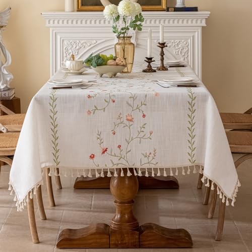Joyfol Day Linen Spring Flowers Tablecloth with Tassels, Rustic Farmhouse Embroidery Waterproof Table Cloths for Rectangle Tables, Heavy Weight Spill-Proof Table Covers, Pink Florals, 55''x 102'' - color: Pink Florals, size: 102" x 55" (Rectangular)
