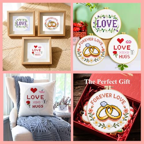 Zhenqing 3 Valentine's Day Cross Stitch Kit Set for Beginners, 11CT Printed 20x20cm with 16cm Hoop, Love Word & Ring & Rose Romantic Embroidery(70858) - color: Romance Theme Cross-Stitch 3-Piece Set