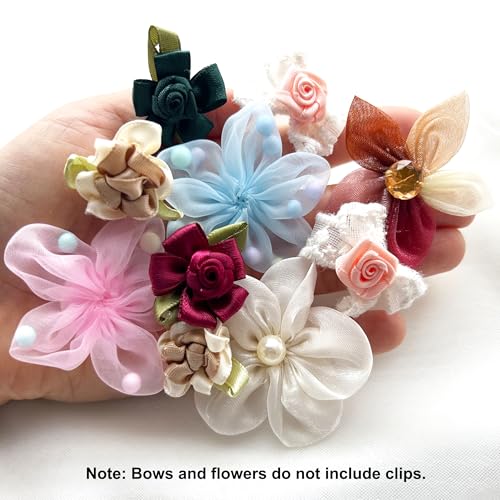 100 Pcs Mixed Ribbon Bows Organza Flowers Lace Beaded Appliques Patches