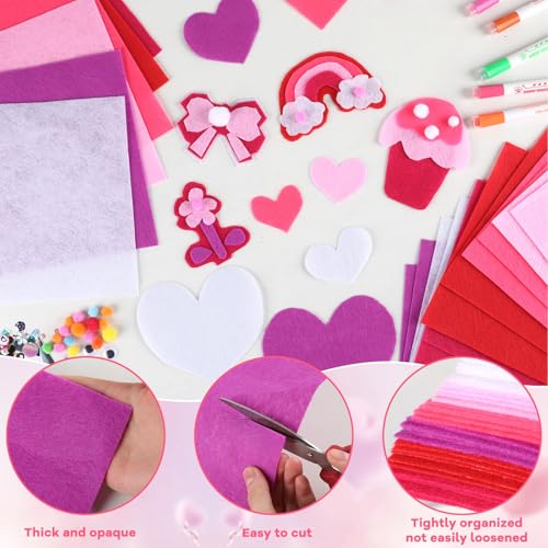gisgfim 42Pcs Valentine's Day Pink-Purple Felt Fabric Sheet Craft Kit 8 x 12 Inch Assorted Soft Pink Felt Pack with Wiggle Eye Stickers Pom Poms Glitter Craft Supply for DIY Sewing Creative Art Deco - style: Valentine's Day Series