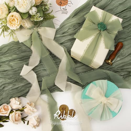 Ribbli Fall Ribbon 1.5 inch x 30 Yard Handmade Silk, Ivory/Dusty Sage/Terracotta Fringe Chiffon Ribbon for Wedding Invitations, Bridal Bouquets Wrapping, Flower Arrangement Decoration - color: Ivory/Dusty Sage/Terracotta