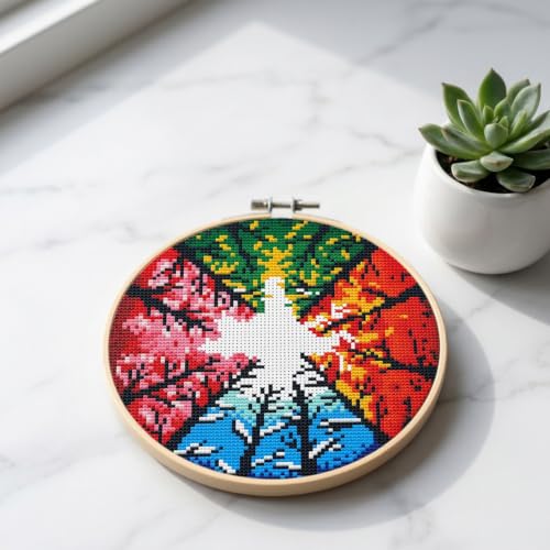 Stamped Cross Stitch Kits for Beginners Adults-Tree,with Embroidery Hoop - color: Tree-2605