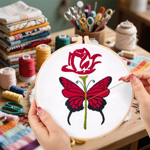 Butterfly Rose Embroidery Kits for Beginners Adults, Valentine's Day Hand Embroidery Kits, Cross Stitch Kits for Adult Anniversary Valentine's Gifts, Entire Set of Embroidery Supplies & Video Tutorial - color: H2068