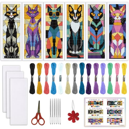 ORIGACH 6 Set Stained Glass Black Cat Cross Stitch Bookmark Kit - style: Stained Glass Cat