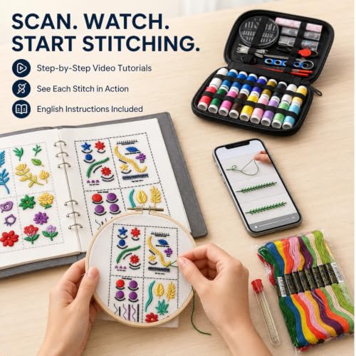 Embroidery Kit for Beginners, 138-Pattern Embroidery Stitch Book with Hoop & 89-Piece Tool Set, Portable Loose-Leaf Hand Embroidery Starter Kit for Adults & Teens, Home, Travel and Craft Classes