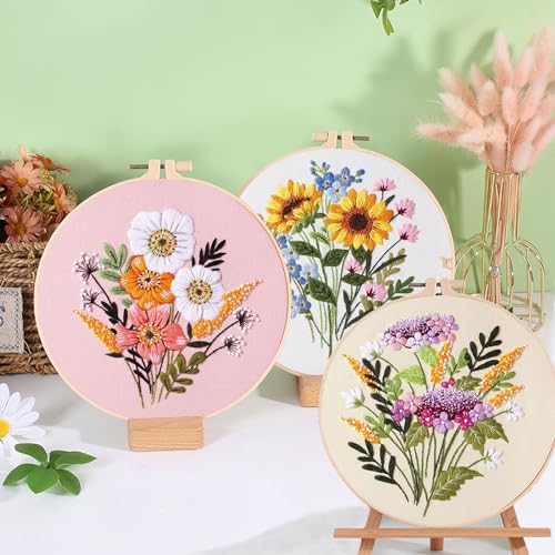 Ohcol 3 Sets Embroidery Kit for Beginners Cross Stitch Kits Needlepoint Kits Crafts for Adults with 3 Embroidery Hoops Easy-to-Follow Operating Instructions,Needle Point Kits with Flowers Patterns - color: Flowers (3 Patterns, 3 Hoops + Extas)
