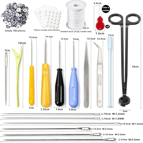 28 PCS Beginners Candle Making Kit for Adults with 200 ft Candlewick,Long Large-Eye Candle Piercing Needle and Wick Cutter 7INCH,Wick Inserting Tool Mold Punch Needle with Hook Eye for Moulds - color: 28PCS