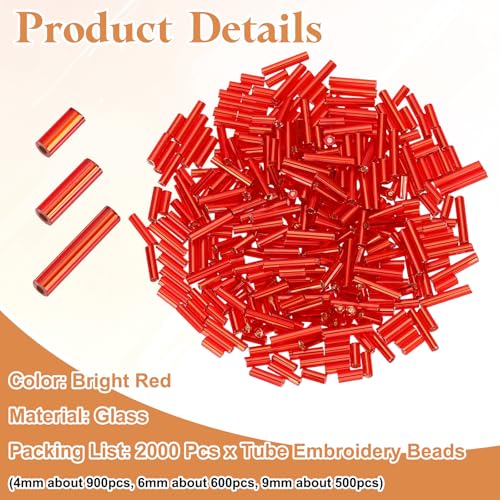 MECCANIXITY 2000pcs Glass Bugle Beads 4/6/9mm Long Tube Cylinder Beads - color: Bright Red
