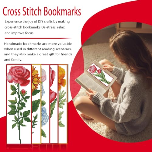 VIGEGU 5 Pack Flower Cross Stitch Bookmark Kits for Adult Beginners - color: Flower Cross Stitch Bookmark