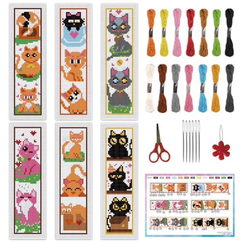INFUNLY 6 Set Cat Cross Stitch Bookmark Kits Carton Kitten DIY Cross Stitch Kit for Beginners Black Cat Stamped Embroidery Bookmark Kit with Backing Felt Floss Instruction for Starters Book Lovers - style: 6pcs Carton Kitten