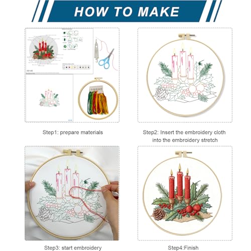Zhenqing Christmas Candle Embroidery Kit for Beginners, Red Candle Holly Berry Needlework Kit with Pre-Printed Fabric, Hoop, Threads & Tools (C0145) - color: Christmas Red Candle