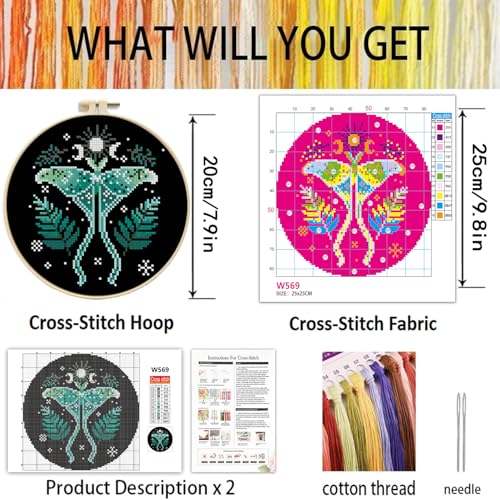 TCDZMYGS Stamped Cross Stitch Kits for Beginners-Moon Moth,with Hoop - color: Moth-2603