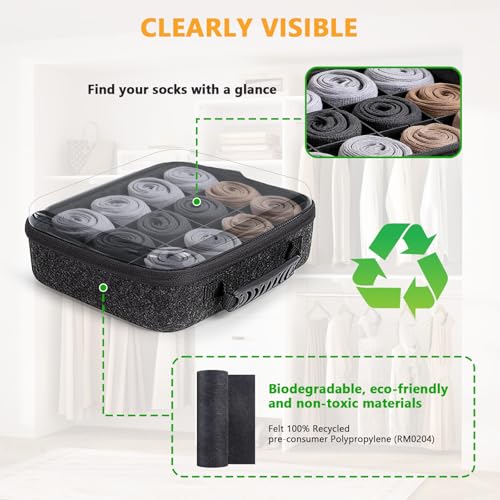 Sock Tie Storage Organizer Box with Clear Lid, 12 Compartment Removable Divided Drawer Organizer for Tea Bag and Threads, Eco-Friendly Felt Case, Gift for Men & Women