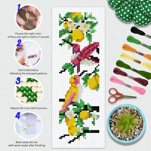 BEUNITONE 6 Pcs Cross Stitch Bookmark Kit for Beginner Vintage Flower Hand Embroidery Kit with Instruction Hummingbird Stamped Embroidery Bookmarks Handmade for DIY Crafts Book Lovers 8.5''x3'' - style: Hummingbird