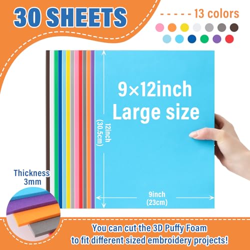 Hahafelt 30 Pcs 9″x12″ Large Embroidery Foam 3D Puffy Foam 3MM with 1 Roll 12" x 50 yd Tear Away Machine Embroidery Stabilizer Backing for Caps, Garments, Jackets, Bags, Hand Sewing