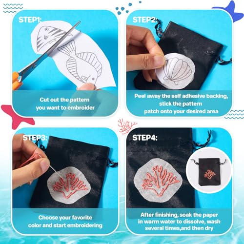 Magibeads 64 Patterns Sea Animal Fish Water Soluble Embroidery Patterns Jellyfish Koi Shell Conch Summer Ocean Beach Theme Stick and Stitch Embroidery Paper Wash Away for Beginners Starter - color: Sea Animal