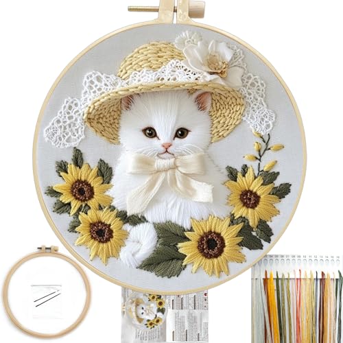 FONNUY White Kitten Embroidery Kit, Sunflowers Cat Lace Hat Cross Stitch Kits for Beginners, Handmade Crafts with Printed Patterns for Adults, Color Thread Needlework, 8'' Hoop (Cat 04) - color: Cat 04