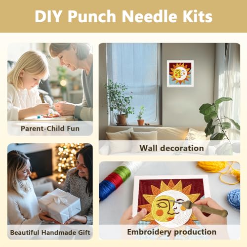 Doodlream Sun and Moon Needle Kit for Beginner, 9.4"x 9.4" Cartoon Face Punch Stitching Craft Set, Color DIY Embroidery Starter with Printed Frame, Instruction, Threader, Yarn, Pinch Needle - color: Sun and Moon