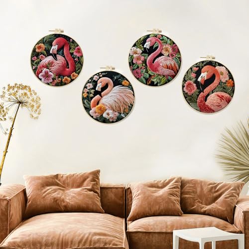 LB 4 Pack Pink Flamingo Embroidery Kit for Beginners Green Leaf Plant Beginner Embroidery Kit for Adults DIY Starter Kit with Embroidery Hoop Colorful Threads Tools Step by Step Instructions - color: Pink and Green