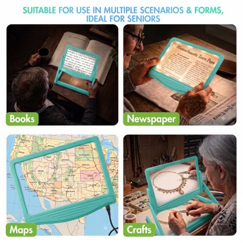 MAGNIPROS 5X LED Page Magnifying Glass, Detachable Stand, 3 Color Modes - color: Aqua