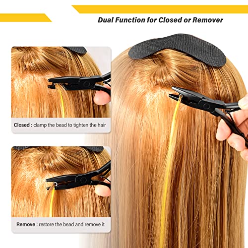 Gomake Hair Extensions Closed and Remover Pliers set, Micro Silicone Rings Beads Hair Extensions Loop Needle Threader Pulling Hook Tool and Bead Device Tool for Hair or Feather Extensions (Black) - color: Black