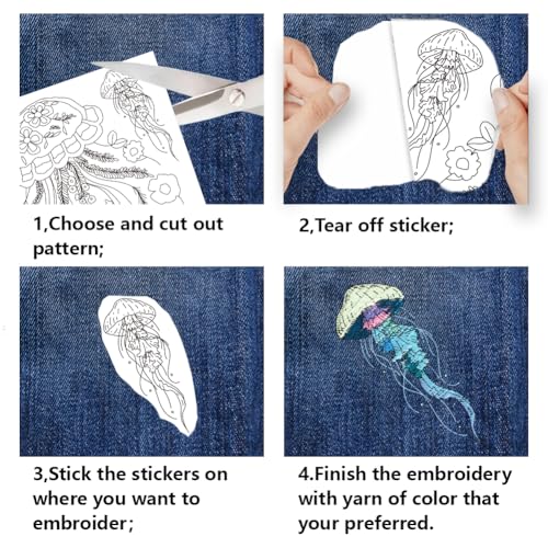BENECREAT 4 Sheets 16 Pcs Jellyfish Water Soluble Embroidery Pattern, Stick and Stitch Embroidery Paper Wash Away Designs, Embroidery Starter for Beginners DIY Craft, Sewing Embroidery - color: Jellyfish