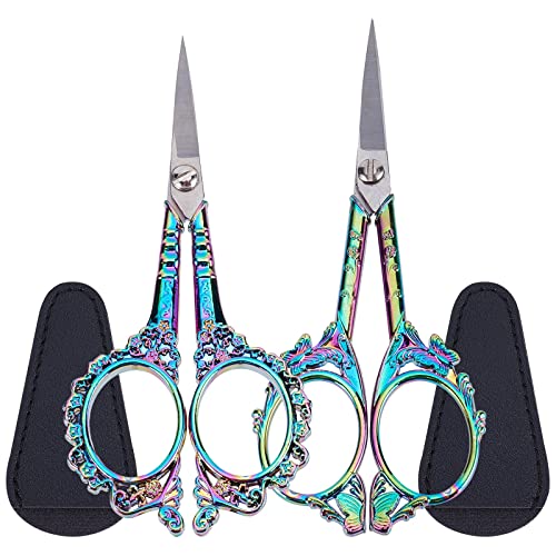 SUNNYCLUE 2Pcs Small Embroidery Sewing Scissors Detail Shears Vintage Sharp Tip Scissor Stainless Steel Scissors for Cutting Fabric Craft Knitting Threading Needlework Artwork Handicraft DIY Tool - color: Rainbow Color-2pcs-butterfly Flowers Scissors With