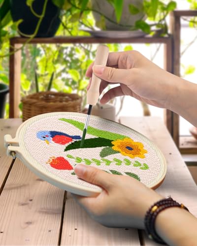 TINDTOP Punch Needle Kits, DIY Punch Embroidery Kits for Adults Beginner, Tool with Punch Needle Fabric, Hoops, Yarns and Sewing Needles (Set C) - color: Set C
