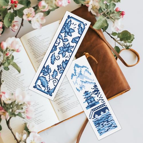 BEUNITONE Cross Stitch Bookmark Kit 6 Pcs Watercolor DIY Bookmarks Cross Stitch Kits for Beginners Birds Flower Stamped Embroidery Bookmark with Landscape Patterns Craft Kit for Gifts 8''x2.4'' - style: Blue and White Porcelain Pattern