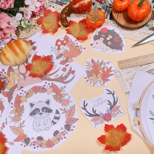 GLOBLELAND 4 Sheets Autumn Animals Water Soluble Embroidery Pattern
