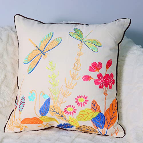 Set of 2 Embroidered Decorative Throw Pillow Covers Couch Square Pillowcases Cushion for Bedroom Sofa Farmhouse Decor 18x18 Inch (Dragonfly) - color: Dragonfly