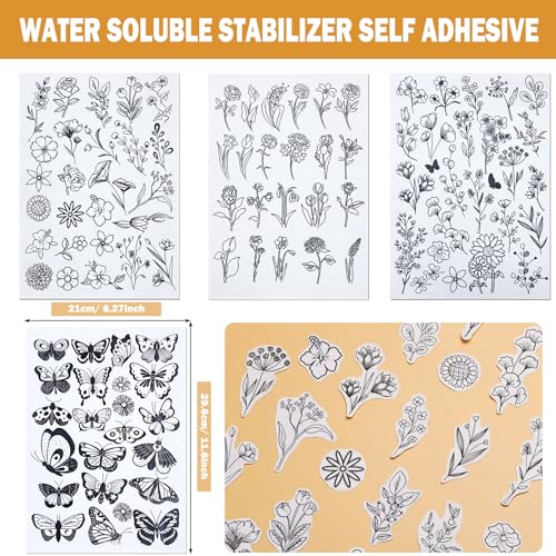 Yayatty 100 PCS Stick and Stitch Embroidery Paper Designs Water Soluble Stabilizer for Embroidery Patterns Adhesive Embroidery Transfer Paper with Pre-Printed Flower Butterfly for Hand Sewing Lover - color: Style B