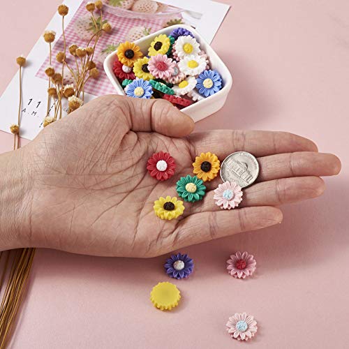 Beadthoven 200Pcs 15mm Flatback Resin Sunflower Cabochons Undrilled Floral Cameo Charms for Jewelry Embellishment Scrapbooking Supplies Mixed Color - color: 0Sunflower-Mixed 200pc#15mm