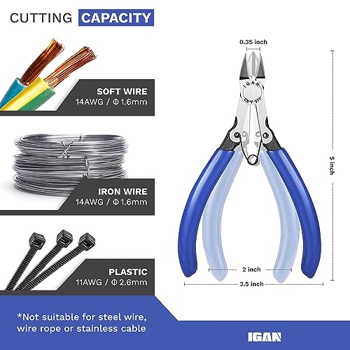 IGAN-330 Flush Cutters, Precision Wire Cutter, Flush Pliers, Wire Snips, Electrical Cutters, Sprue, Side & Small Wire Nippers, Diagonal Cut Snips, Ideal for Electronics & Precision Cutting Needs - size: 5''x1