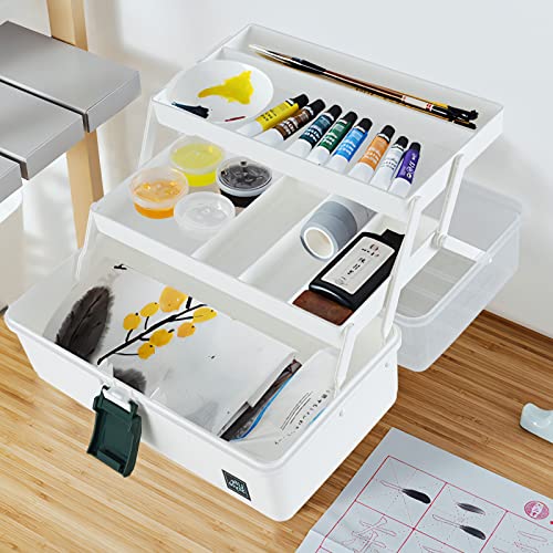 WEWLINE 13-Inch Art Box Organizer 3-Layer Craft Storage Organizer Sewing Kit Box with Handle Art Bin for Home,School,Office,Travel - color: WHITE