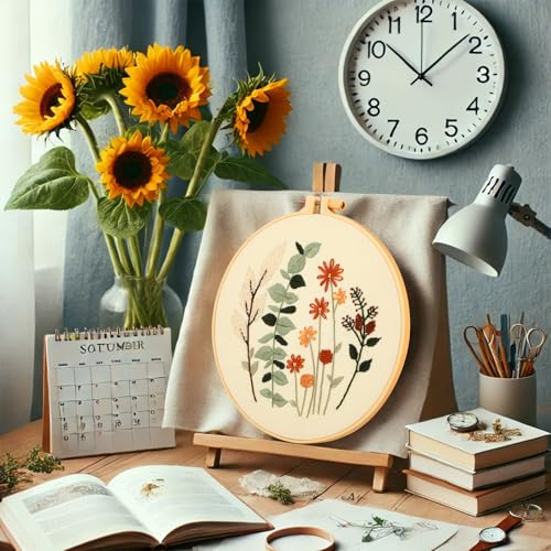 Beginner Flower Embroidery Kit for Adults, Pre-Printed with Video Tutorial - color: flower